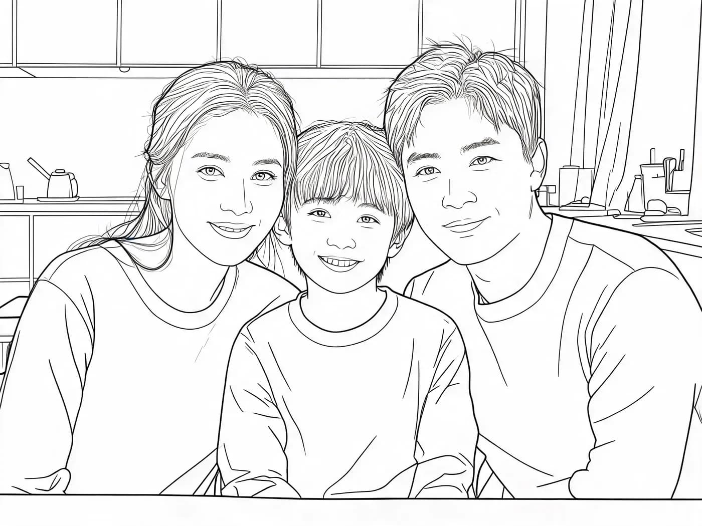 After demo coloring page generated from the same family photo reference