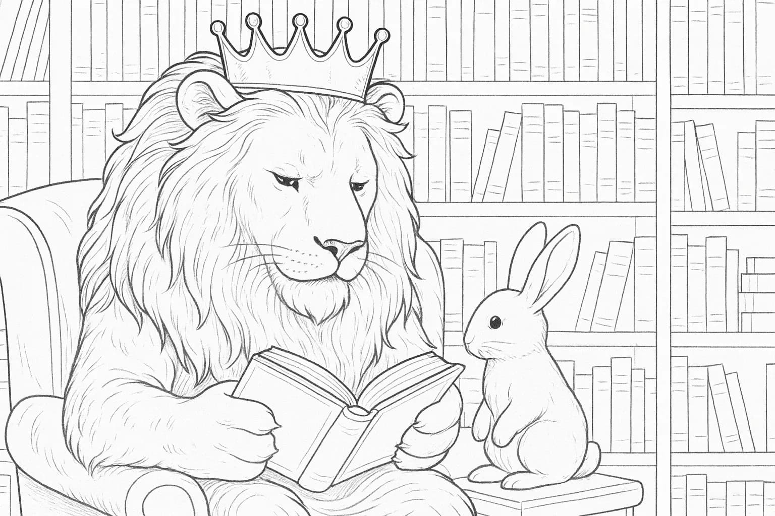 Official storybook lion reading to rabbit coloring page.