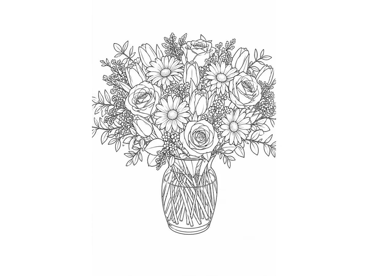 Official flower bouquet converted into coloring page line art.