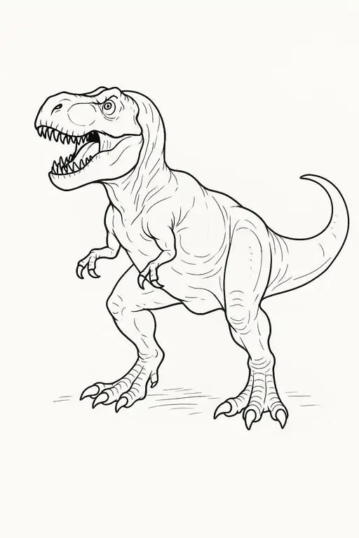 A printable line art coloring page of a fierce Tyrannosaurus Rex dinosaur, ready for kids to color.