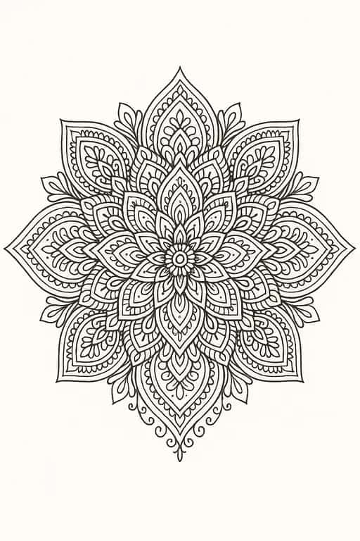 An intricate floral mandala line art coloring page for adults, featuring detailed patterns for relaxation and focus.