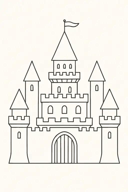An easy-to-color line art drawing of a simple fairytale castle, perfect for young kids.