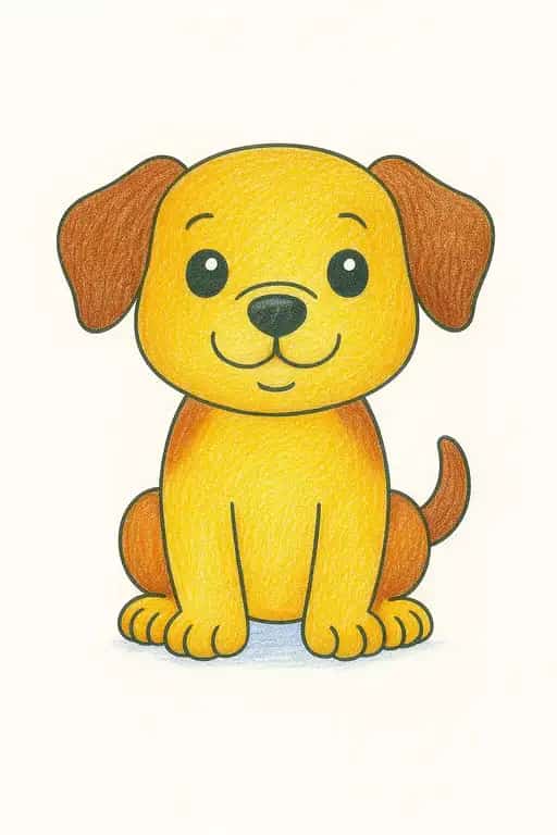 An example of a finished cute puppy coloring page, colored in yellow and brown with colored pencils by a child.