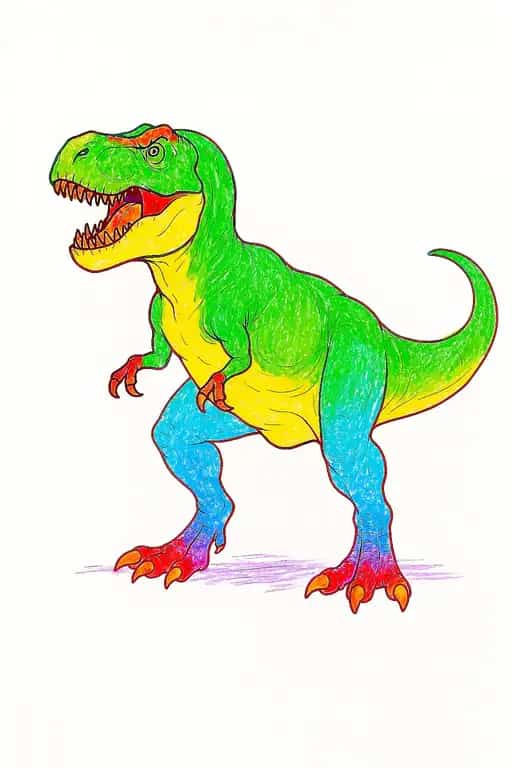 A vividly colored example of a T-Rex dinosaur coloring page, showing a green body and blue legs, as colored by a child.