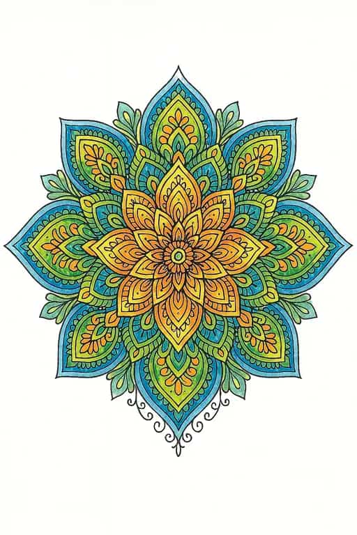 A beautifully colored-in floral mandala with calming blue, green, and yellow gradients, showcasing an adult coloring example.