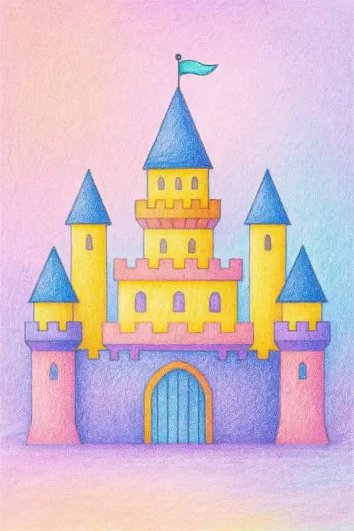 A child's coloring of a simple castle using soft crayons with a colorful rainbow background.